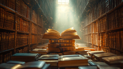 Flying open books in a library illuminated by bright white light symbolizing the pursuit of knowledge, enlightenment, and the transformative power of education in a modern learning space