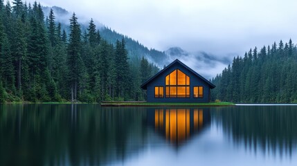 Fototapeta premium A serene lakeside cabin surrounded by misty forests, reflecting warm light on the water's surface, creating a peaceful and inviting atmosphere.