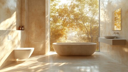 Serene Autumnal Bathroom Design: Modern Minimalist Sanctuary