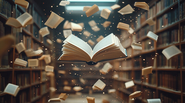 Flying open books in a library illuminated by bright white light symbolizing the pursuit of knowledge, enlightenment, and the transformative power of education in a modern learning space