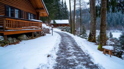 A welcoming path meanders through snow-laden grounds, leading to a charming cabin embraced by evergreen trees, forming a serene winter retreat away from the world.