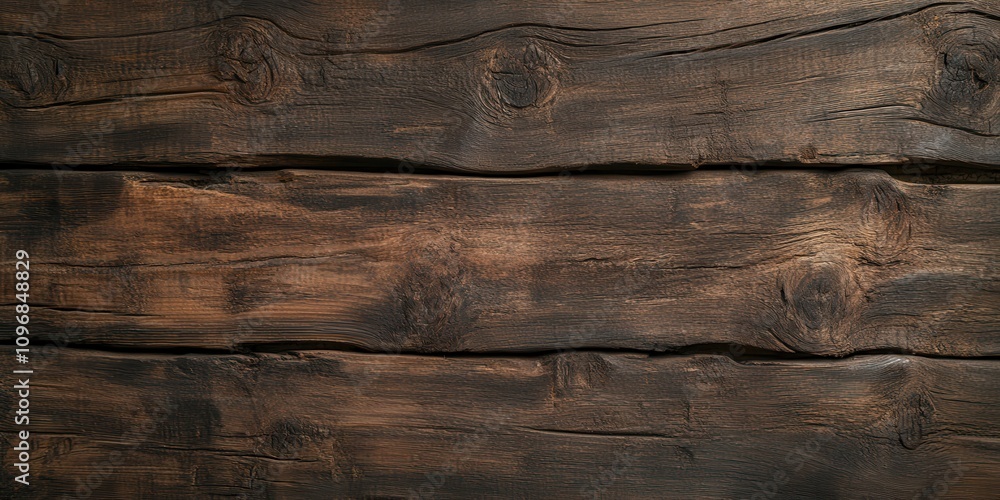 Poster A rustic wooden surface featuring dark tones and visible grain patterns, ideal for backgrounds or textures in design projects.