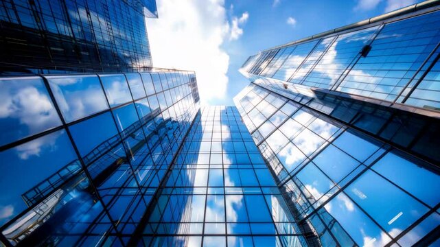 Low angle view of modern glass buildings reflecting blue sky and clouds, showcasing stunning architectural perspective in urban environment with bright sunlight.