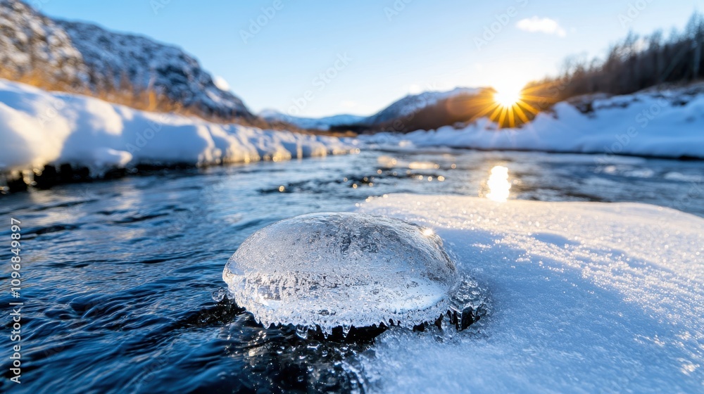 Poster the image features a unique frozen bubble of ice on the edge of a river, contrasting with the surrou