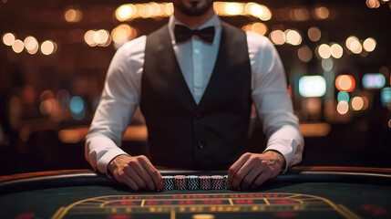 Professional dealer provides an elegant atmosphere at a casino table in a lively setting