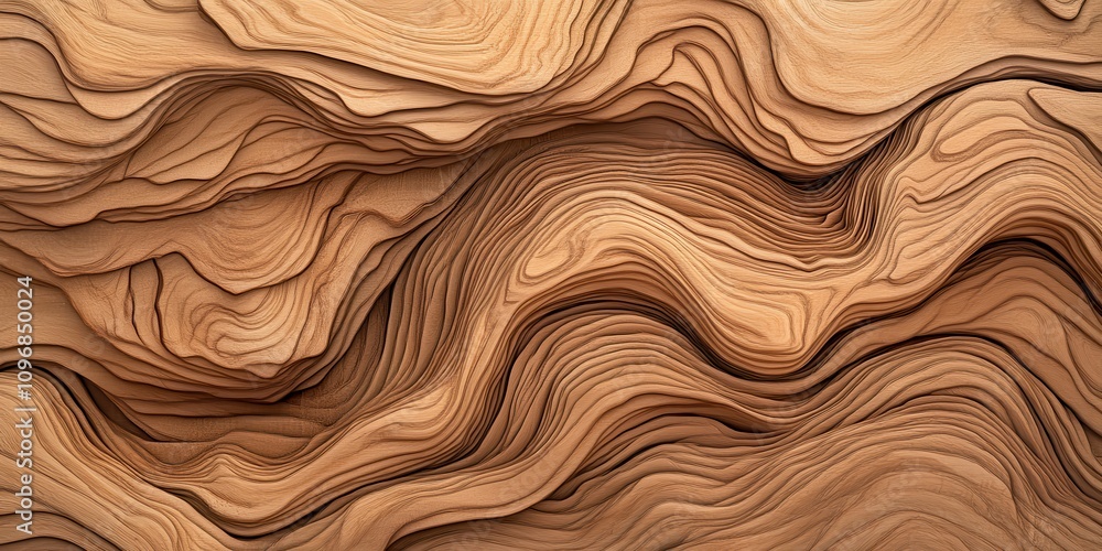 Poster A close-up of intricately layered and textured wood, showcasing natural waves and patterns in warm brown tones.