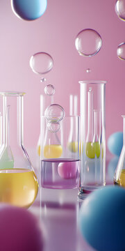 Laborat&oacute;rio de qu&iacute;mica com po&ccedil;&otilde;es coloridas borbulhantes