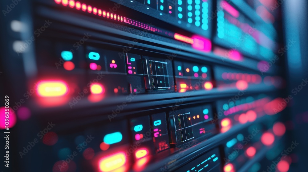 Poster data center server front panel with blinking led lights in focus
