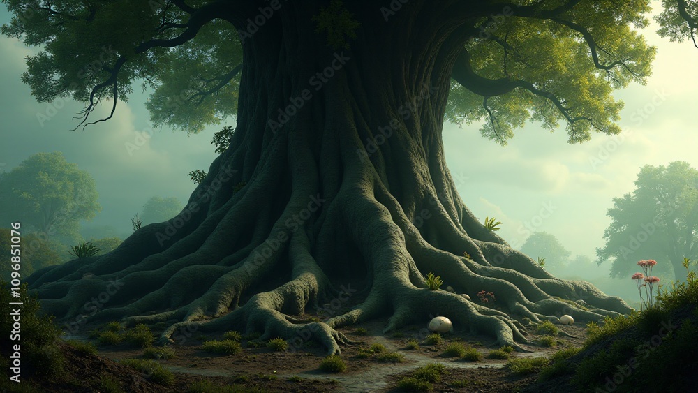 Poster a tree with deeply intertwined roots, symbolizing belonging, connection, and the strength of unity a