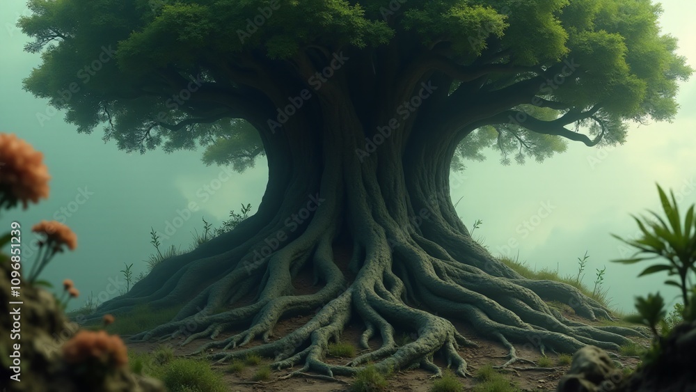 Poster a tree with deeply intertwined roots, symbolizing belonging, connection, and the strength of unity a