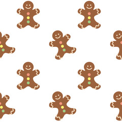 Gingerbread men decorated with smiling faces, pink, yellow, and green buttons, and white icing details on the arms and legs. 