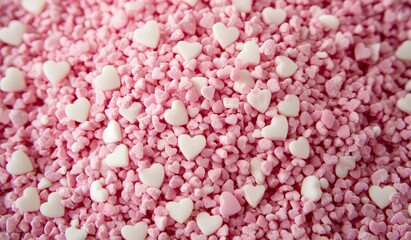 Obraz premium Close-up of pink and white heart-shaped sprinkles for a Valentine's Day cake decoration, 