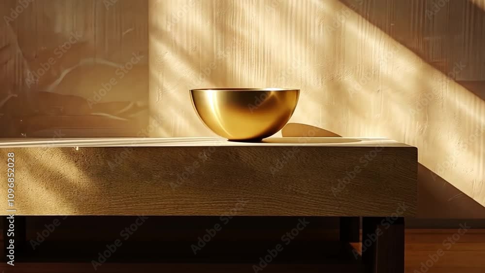 Aufkleber a golden bowl sits elegantly on a wooden table, bathed in soft sunlight that streams through nearby 