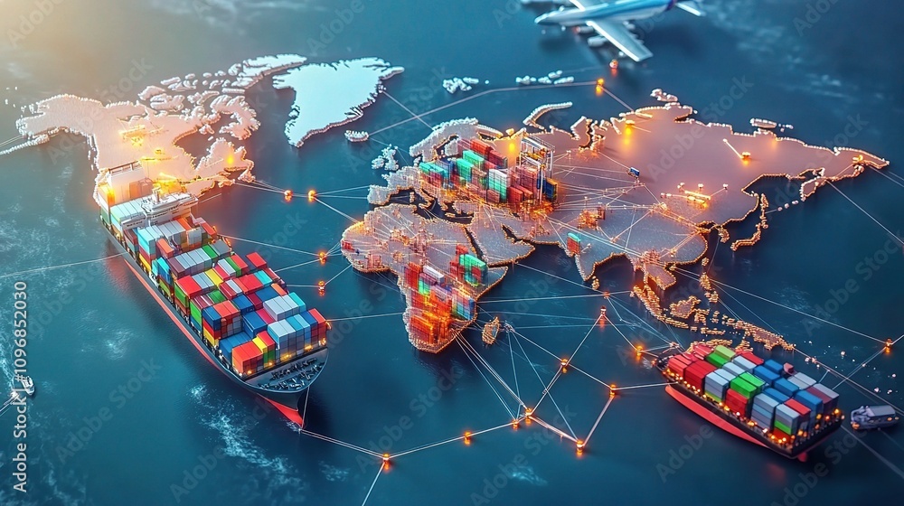 Poster vibrant world map with logistic network overlay and shipping routes