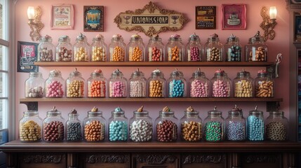 Naklejka premium A colorful display of candy jars in a charming shop setting.