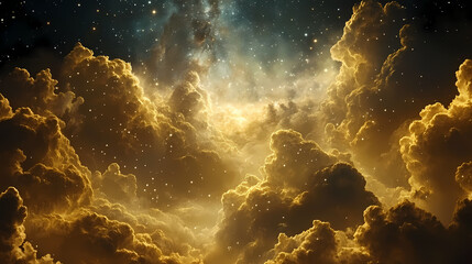 Abstract cloudscape with golden hues and a starry night sky. Infinite Starry Patterns. Illustration