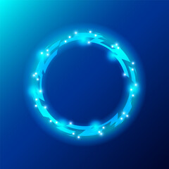 A glowing circular futuristic design on a blue background. The circle features interconnected angular shapes with small bright spots, exuding a techy, sci-fi aesthetic. Vector illustration