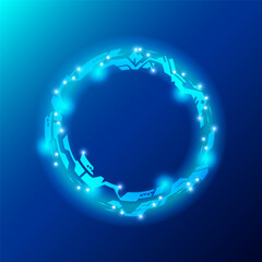 A glowing circular futuristic design on a blue background. The circle features interconnected angular shapes with small bright spots, exuding a techy, sci-fi aesthetic. Vector illustration