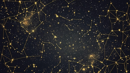 Fototapeta premium A starry night sky with constellations outlined in gold. Infinite Starry Patterns. Illustration
