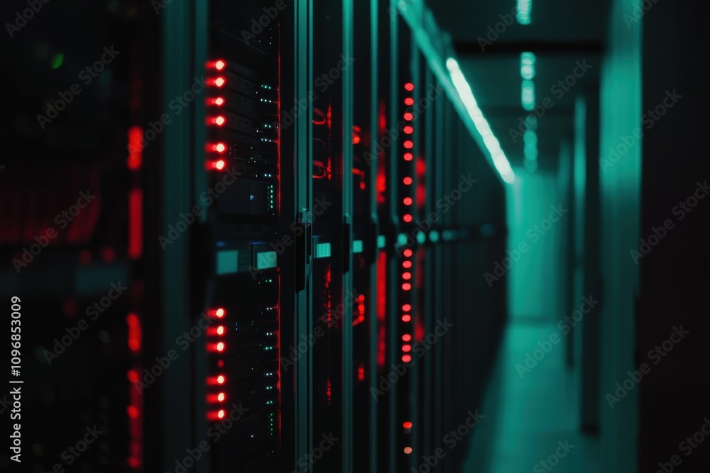 Aufkleber tech infrastructure: cinematic view of modern data center server racks for digital solutions design