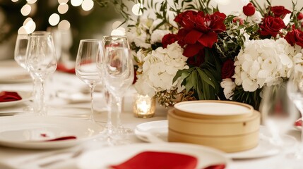 Chinese New Year Table Setting Concept, Elegant Modern Dinner Table with Red and Gold Details