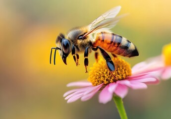 Close-Up of a Honeybee Gathering Nectar from a Vibrant Pink Flower with Soft Background Colors Highlighting Nature&rsquo;s Beauty and Pollination Process