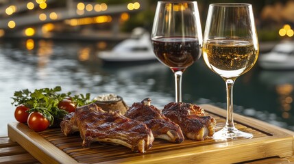 Delicious meal with wine by the water.