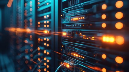 Obraz premium Cinematic View of LED-Lit Server Rack in Modern Data Center Environment