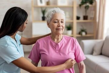 A senior patient receiving physical therapy at home, a therapist helping them with exercises, the living room set up for rehabilitation, a supportive and encouraging atmosphere