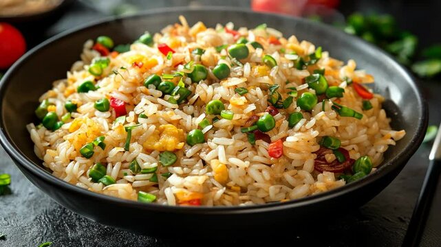 Savory egg fried rice with peas and vegetables is ready to serve