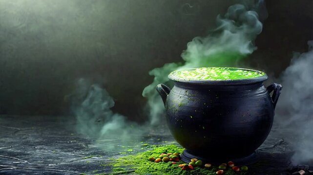 Mystic Cauldron with Glowing Green Potion against Dark Background