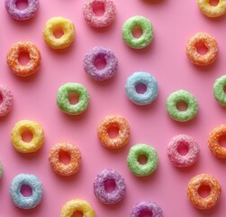Colorful and Vibrant Candy Rings in a Fun Pattern on a Soft Pink Background, Perfect for Sweet Treats, Celebrations, and Youthful Themes