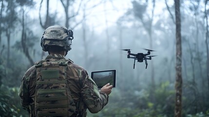 An American soldier in camouflage and a helmet is controlling a drone with a tablet computer, against a forest background in foggy weather. 