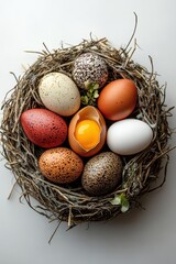 Obraz premium Colorful and Varied Eggs Nestled in a Natural Bird Nest, Showcasing Unique Patterns and Textures Against a Bright Background