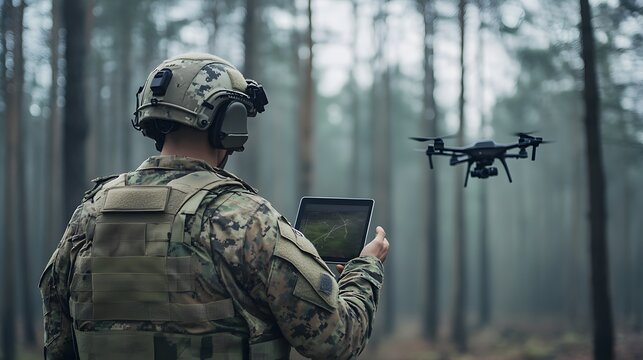 An American soldier in camouflage and a helmet is controlling a drone with a tablet computer, against a forest background in foggy weather. 