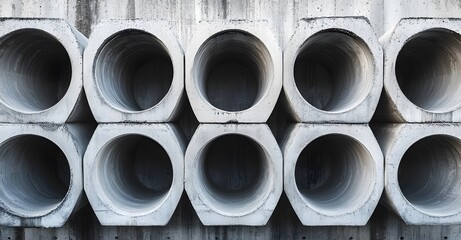 High-resolution photograph of concrete pipes arranged in an orderly fashion, showcasing their strength and composition. 