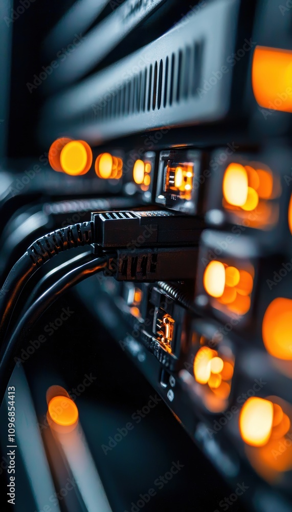 Poster high-tech data center server rack with flashing led lights for it infrastructure management