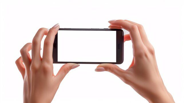 Taking Picture Concept: POV first-person view photo of a female hand holding a telephone in a horizontal position, taking an image, isolated on a white background.