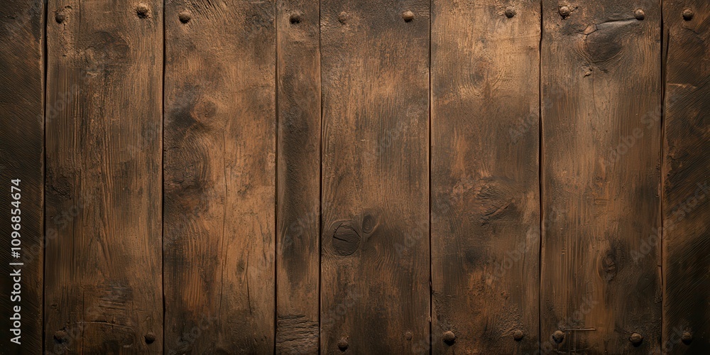 Poster a rustic wooden texture featuring dark, weathered planks with visible grains and nails, ideal for ba