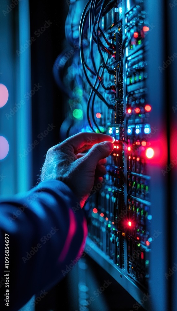 Poster technician adjusting server cables with active data transfer lights in a network rack