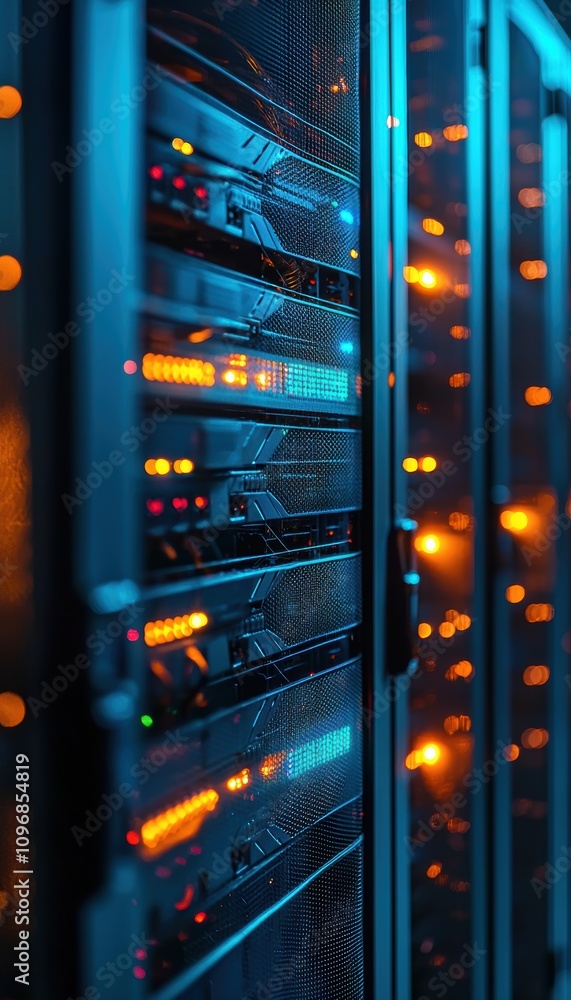 Poster modern data center technology with led lights and complex wiring for network infrastructure design