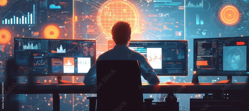 Aufkleber data scientist analyzing ai-generated social trends in a dynamic office environment