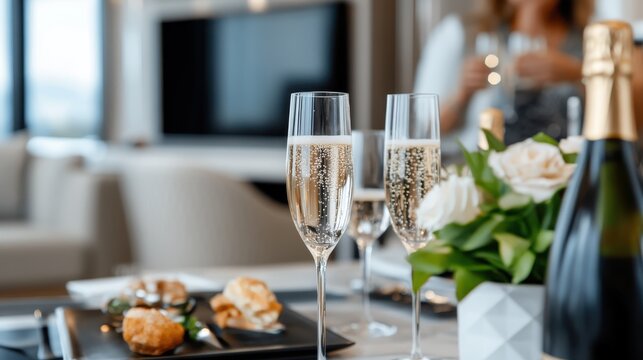 A sophisticated table setting with champagne glasses and floral decorations, creating an inviting, elegant atmosphere perfect for social gatherings or celebrations.