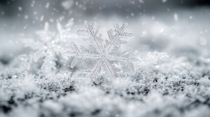 Macro view of an intricate snowflake resting on a snowy surface with a blurred background