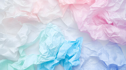 A dynamic crumpled tissue paper background in a mix of white and soft pastel colors.