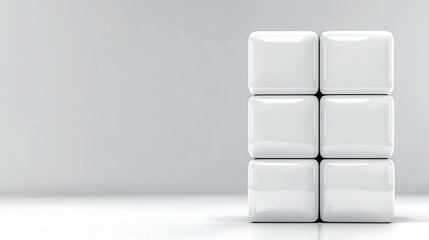 Minimalist white cubes stacked on a smooth surface with copy space