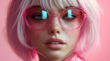 Fototapeta premium hyperrealistic popstar with futuristic visor sunglasses, platinum blonde bob wig and cat suit. Turquoise glowing lighting