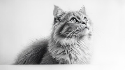 Fototapeta premium A Gray Cat Gazing Upwards In Pencil Drawing