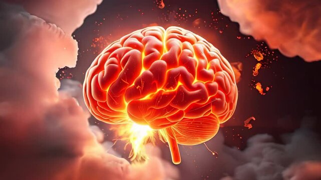 Fiery brain surrounded by explosive clouds