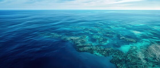 Fototapeta premium A breathtaking aerial view of clear turquoise waters and vibrant coral reefs, showcasing nature's stunning beauty and tranquility.